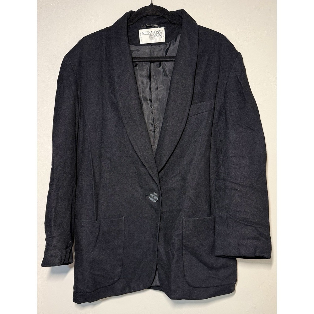 Vintage International Scene Wool Blend Blazer Jacket Women's 11/12 Black Button